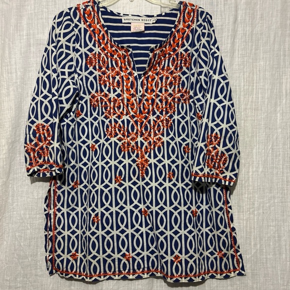 Gretchen Scott Designs Tops - Gretchen Scott Navy White Orange embroidered Striped Top size L